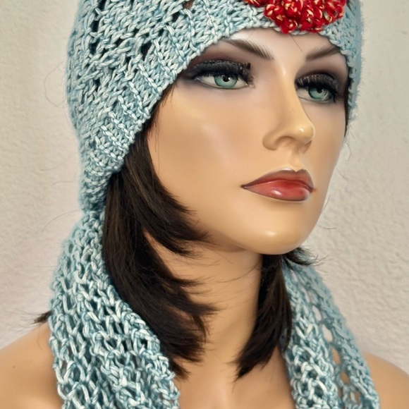 Hand Knits 2 Love Cotton Bandana Headband Scarf Lace Flower Beads Designer Sage - Picture 5 of 13